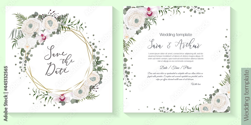 Vector floral frame for a postcard. White ranunculus, orchids, eucalyptus, green plants and leaves, gold sequins. Vector template for the invitation.