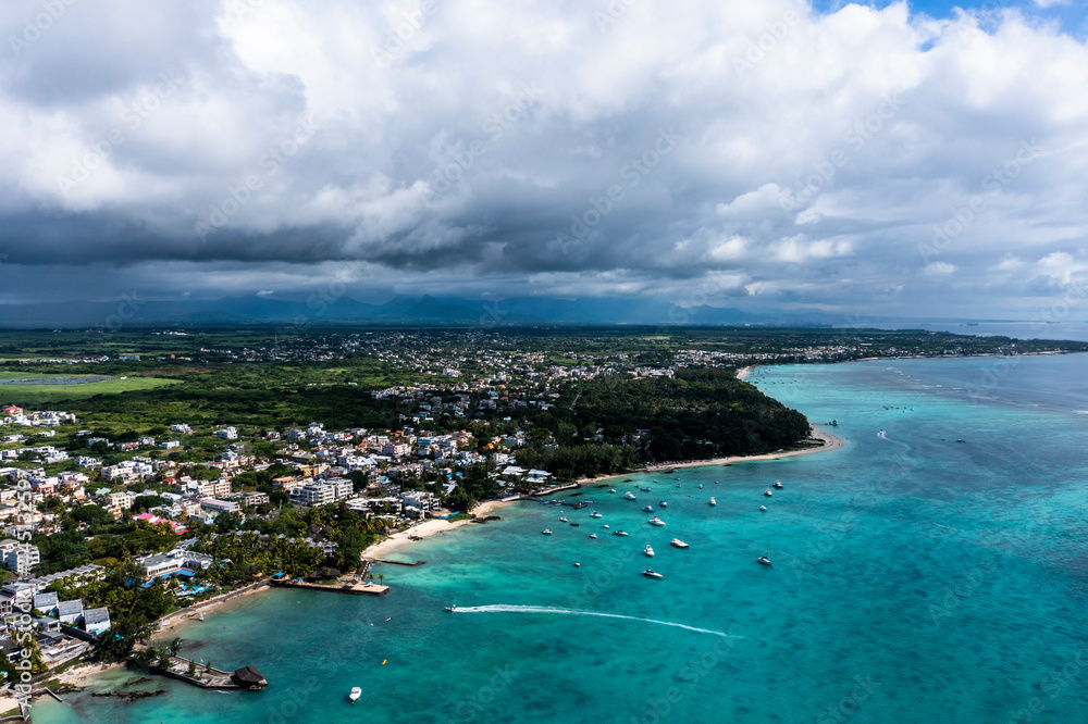 Aerial view, beaches with luxury hotels with water sports at Trou-aux-Biches Pamplemousses Region, , Mauritius, Africa