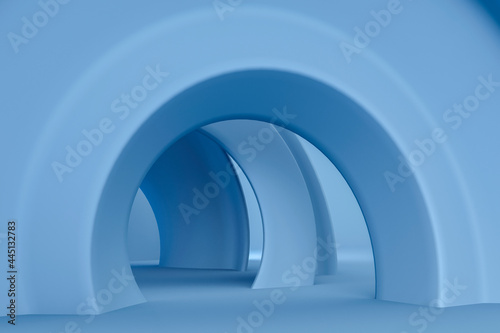Blue round arch - cold water 3d render illustration. Abstract digital background with empty space. Stage, platform for technology product.  Wavy structure, shape, perspective path 