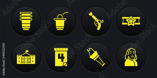 Set United States Capitol Congress, Star American military, Calendar with date July 4, Torch flame, Vintage pistols, Beer pong game, Benjamin Franklin and Paper glass icon. Vector