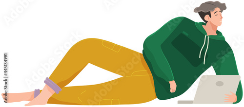 Man lying on couch with computer, holding laptop and correspondence surfing in Internet. Male character communicating with friends, studying remotely, sitting on floor, relaxing, resting after work