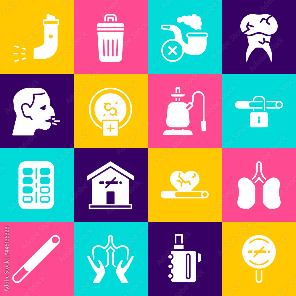 Set No smoking, Lungs, Smoking pipe with smoke, Stop money saving, Man