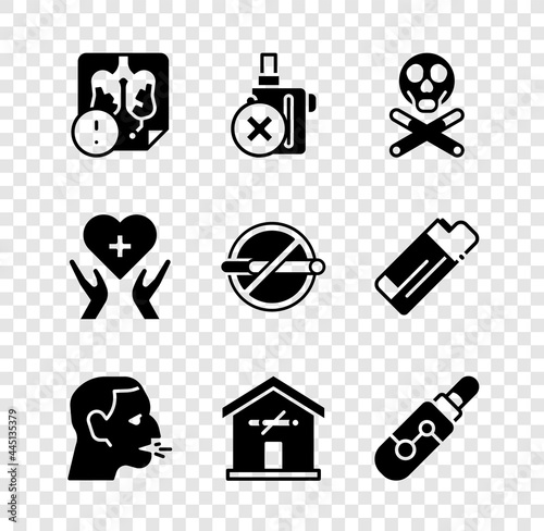 Set Disease lungs, No electronic cigarette, Bones and skull, Man coughing, smoking at home, Electronic, Heart with cross and icon. Vector