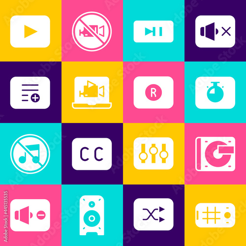 Set Selfie on mobile, Vinyl player with vinyl disk, Stopwatch, Pause button, Online video, Add playlist, Play and Record icon. Vector