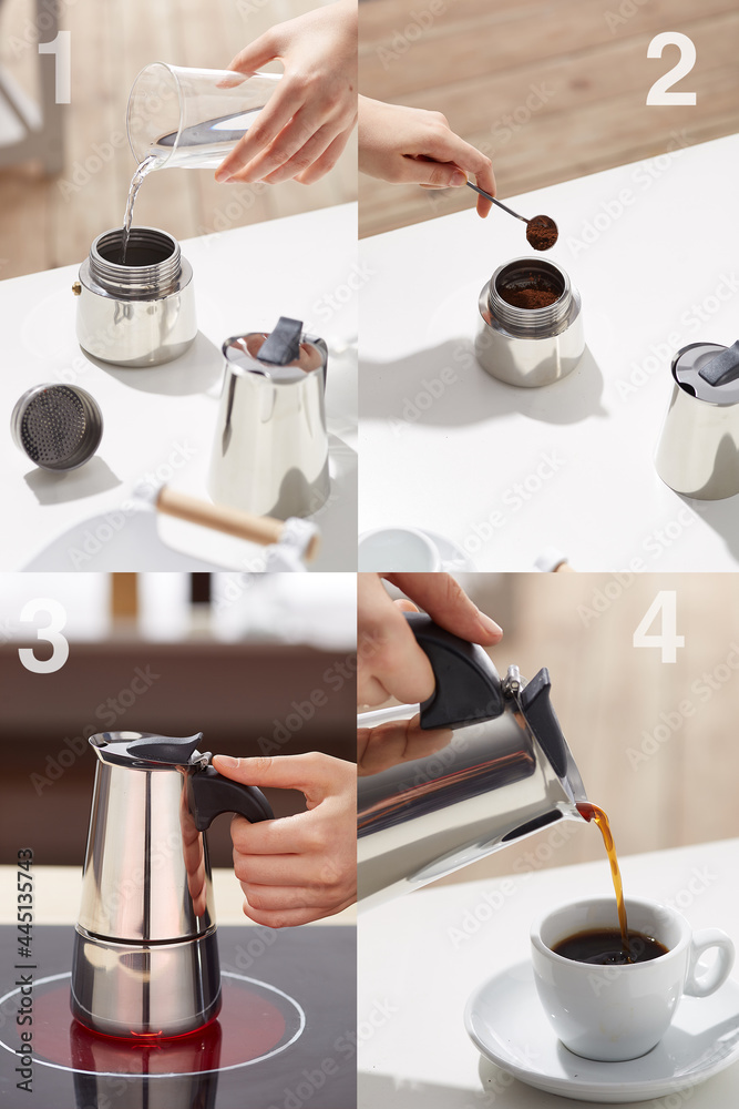 Detail photo of coffee making stages from adding water and ground