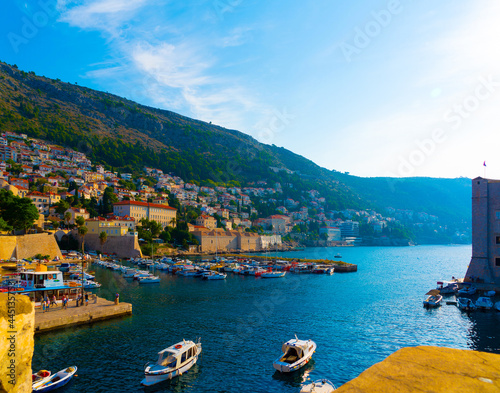 Dubrovnik landscape with sea and boats.