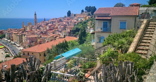 Beautiful House And Flower Garden With A Beautiful View Of The Mediterranean Sea And The Old Town Of Menton, French Riviera, France, Europe - DCi 4K Resolution

