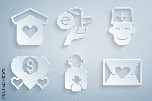 Set Taking care of children, Male doctor, Donation and charity, Envelope with heart, Leaf hand and Shelter for homeless icon. Vector