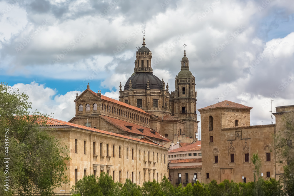 View of a baroque iconic dome copula at the La Clerecia building, Pontifical university at Salamanca, Universidad Pontificia de Salamanca (UPSA) as background