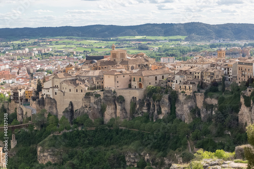 Amazing full view at the Cuenca Hanging Houses, Casas Colgadas, iconic architecture on Cuenca city