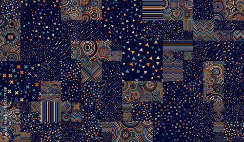 Vector abstract background, composite geometric particles in dark colors, caress pattern of distorted shapes.