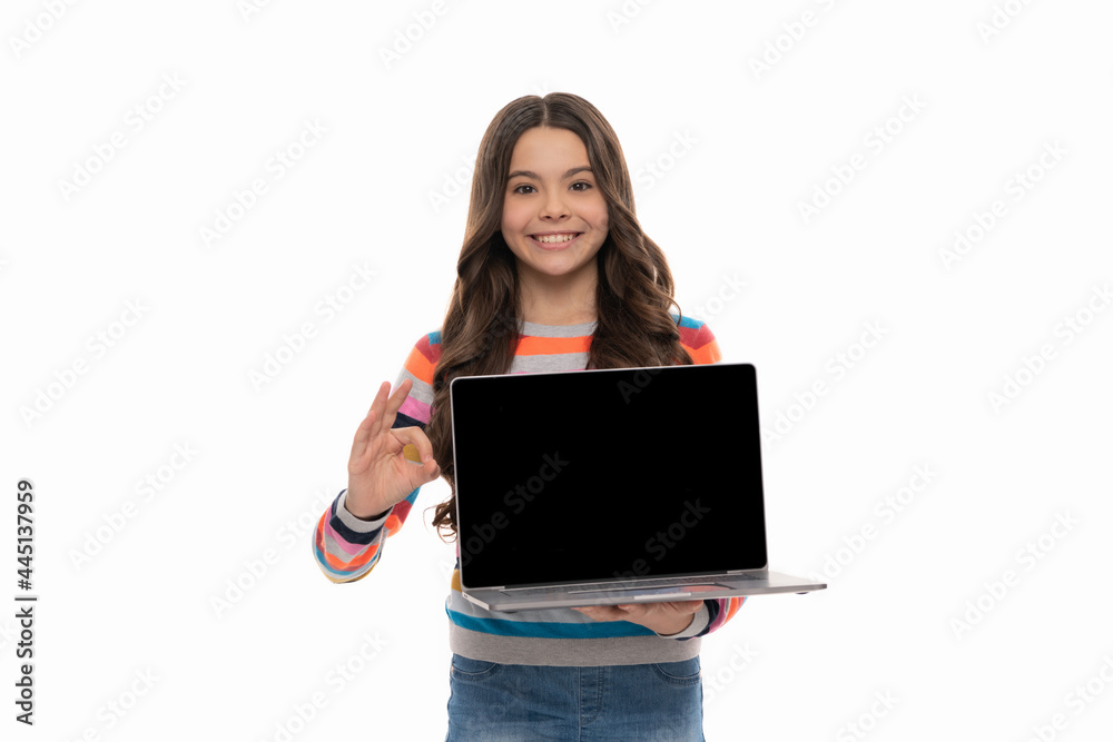 kid ready for video lesson. teen girl with laptop. online education. back to school kid ready for video lesson. teen girl with laptop. online education. back to school