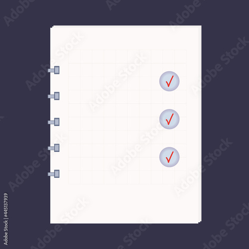 Survey form, paper page or check list. Choose a test, exam, questionnaire or quiz. Question and answer selected and check mark. The result of a survey form, report, schedule, vote. Vector illustration