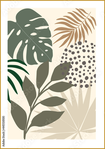 Fantastic collage of tropical leaves, various decorative objects and spots, vector