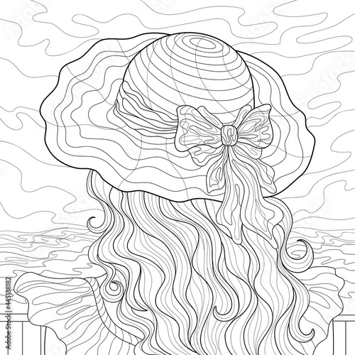Girl with long hair, hat with bow and simple patterns, sky clouds and sea. Summer illustration on a white isolated  background. For coloring book pages.
