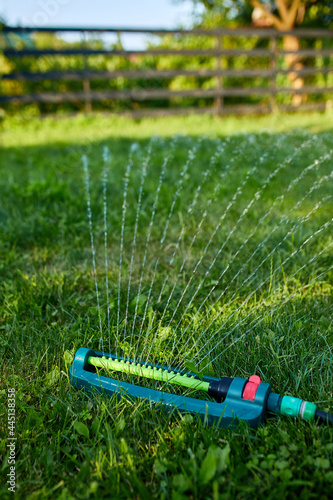 Oscillating garden sprinkler spraying water over green grass at home