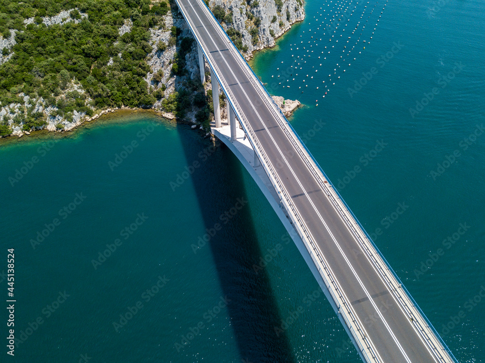 Aerial view of Sibenski Most, croatian bridge. Road. Sibenski, Croatia. Central Dalmatia, where the river Krka flows into the Adriatic Sea