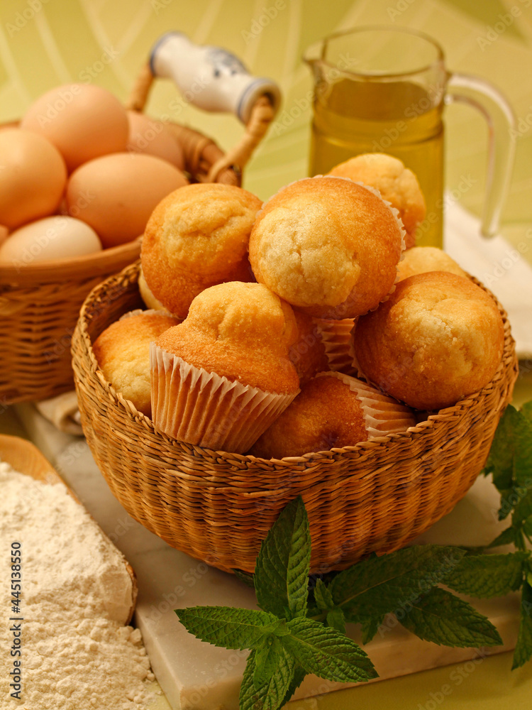 Muffins and ingredients. Muffins and ingredients.