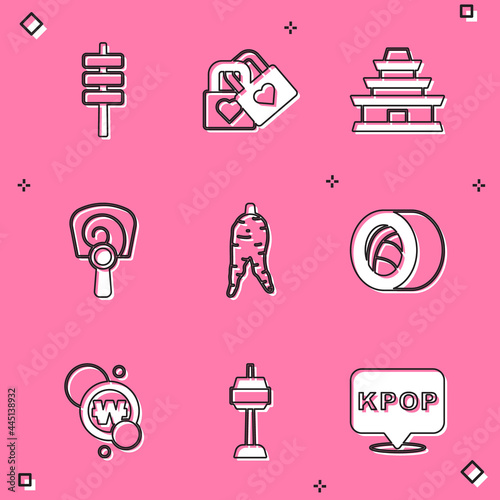 Set Korean food tokpokki, Lock with heart, temple, hand fan, Ginseng root, Sushi, South won coin and N Seoul tower icon. Vector
