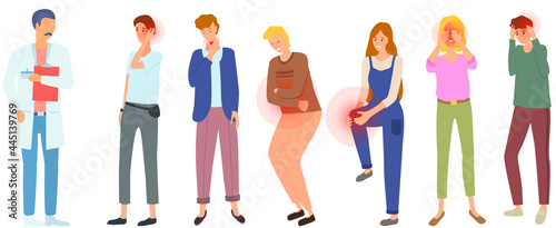 Sad people suffering from pain in joints. Painful sensations of sick people. Men and women grabs their hands to sore knee, elbow, back, shoulder. Patients with sore joints in consultation with doctor