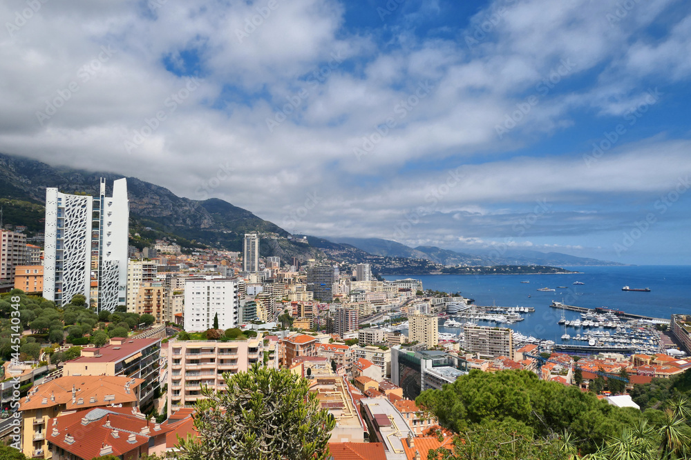 Monaco Port Hercules and Monte Carlo scenic landmark cityscape view.