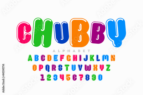 Chubby, playful style font design, plumpy alphabet, letters and numbers vector illustration