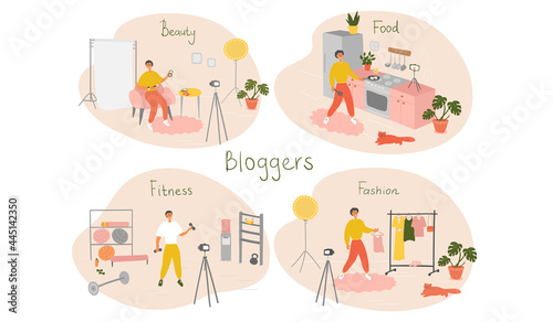 Set of male bloggers and vloggers characters making internet content. Men creating video for their blog channel. Influencers shooting vlog. Vector cartoon illustration