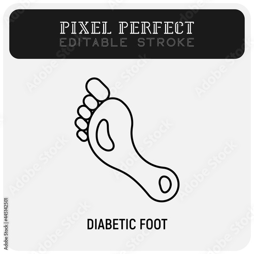 Diabetic foot thin line icon. Open sores on the feet. Pixel perfect, editable stroke. Vector illustration.