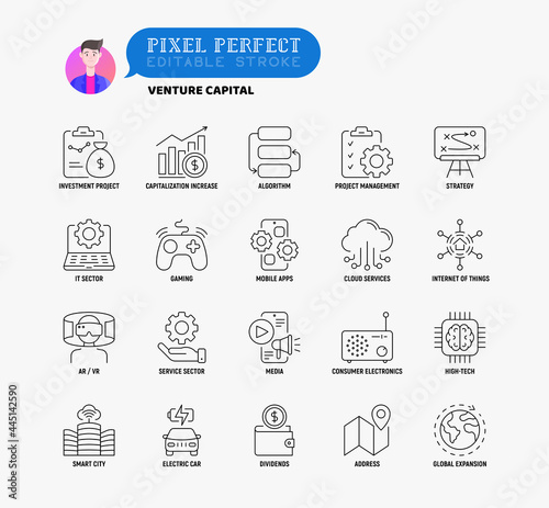 Venture capital thin line icons set. Investment project, capitalization increase, strategy, dividends, global expansion, high tech, cloud services. Pixel perfect, editable stroke. Vector illustration.