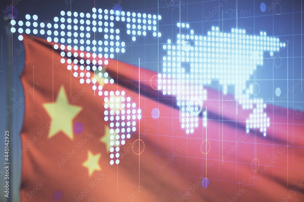 Obraz premium Multi exposure of abstract creative digital world map hologram on Chinese flag and blue sky background, research and analytics concept
