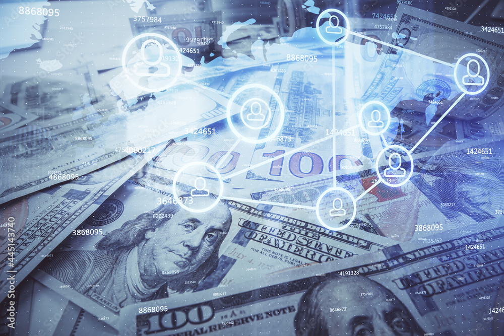 Multi exposure of social network drawing over us dollars bill background. Concept of people connection. Multi exposure of social network drawing over us dollars bill background. Concept of people connection.