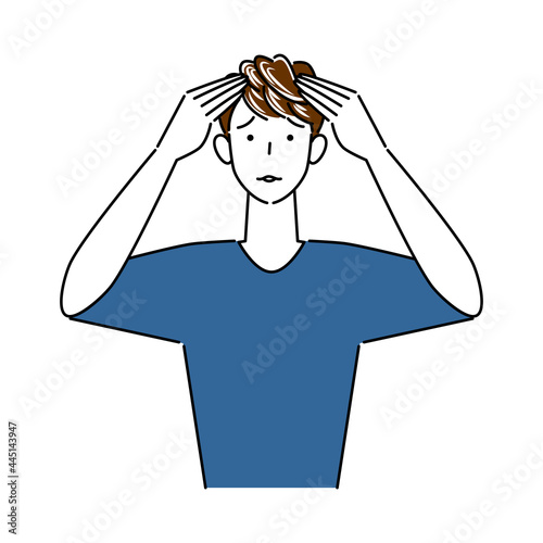 ヘアケア 頭頂部の薄毛と生え際の白髪が目立ってきて困り顔の可愛い男性 イラスト シンプル ベクター