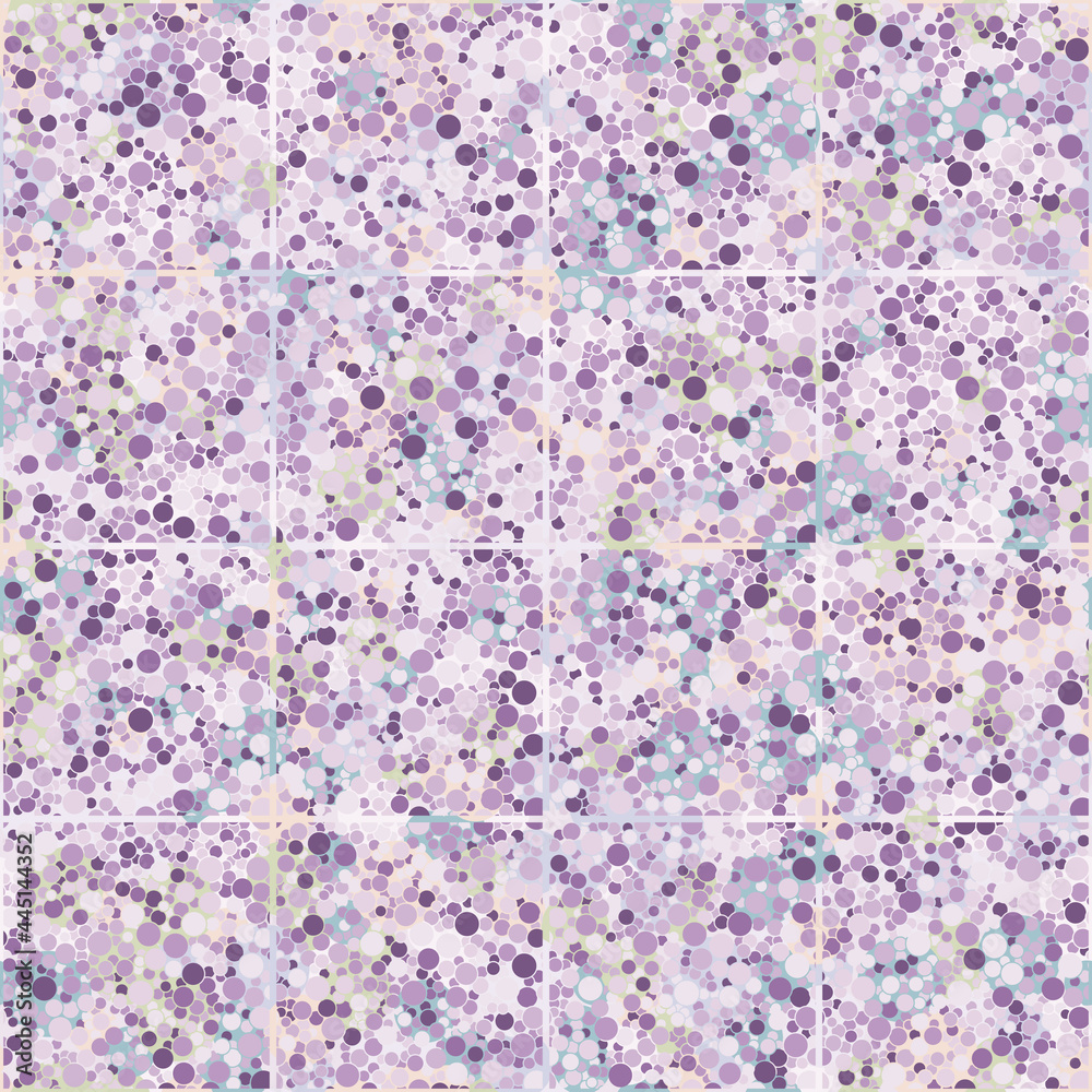 Seamless abstract pattern. In the foreground there are small purple circles cut with a lattice. In the background, randomly spaced yellow, pink, blue and lilac circles. Seamless abstract pattern. In the foreground there are small purple circles cut with a lattice. In the background, randomly spaced yellow, pink, blue and lilac circles.