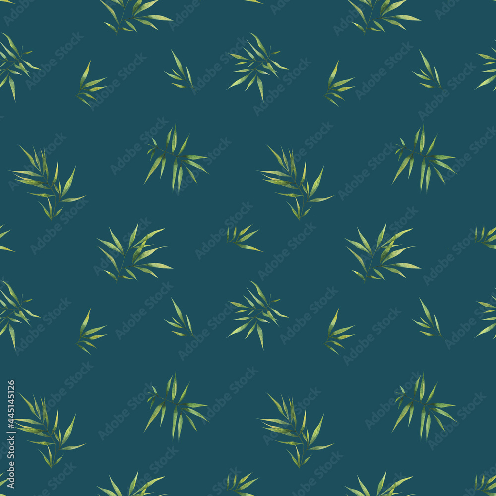 Seamless watercolor pattern with small bamboo leaves on a dark background. Botanical illustration for fabrics, clothing, decor, packaging. Seamless watercolor pattern with small bamboo leaves on a dark background. Botanical illustration for fabrics, clothing, decor, packaging.