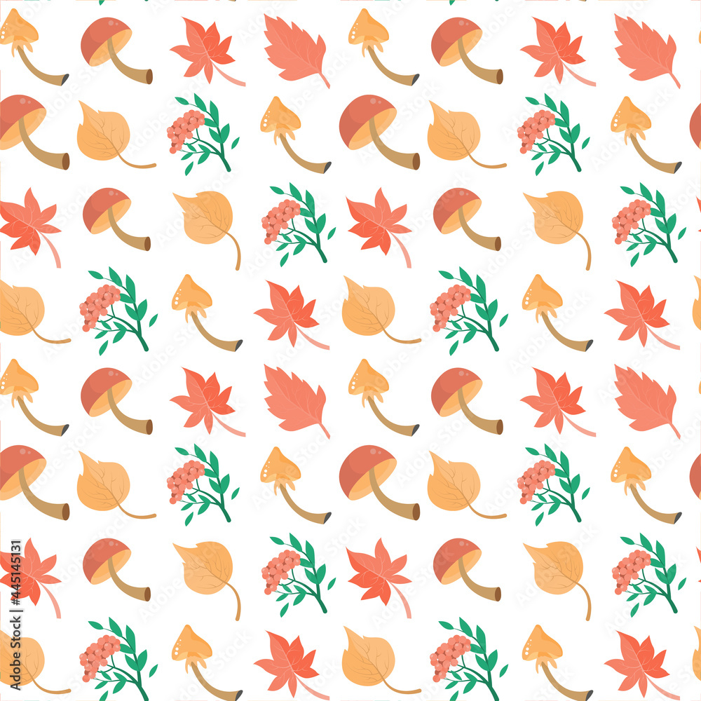 Seamless pattern with autumn leaves, berries and mushrooms on a white background. Print for textiles or background for layouts. Seamless pattern with autumn leaves, berries and mushrooms on a white background. Print for textiles or background for layouts.