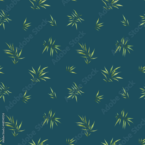 Seamless watercolor pattern with small bamboo leaves on a dark background. Botanical illustration for fabrics, clothing, decor, packaging.