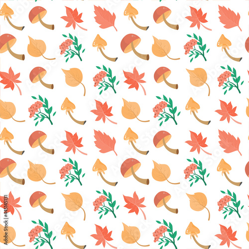 Seamless pattern with autumn leaves, berries and mushrooms on a white background. Print for textiles or background for layouts. © LiLIIA