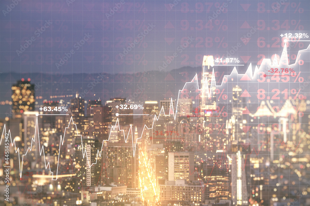 Obraz premium Multi exposure of virtual abstract financial diagram on San Francisco office buildings background, banking and accounting concept