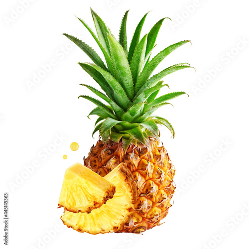 Pineapple, Ananas Comosus, fresh delicious ripe pineapple, whole and cut exotic fruit on white background. Contains vitamins, minerals, carbohydrates, phytochemicals: vitamin C, manganese, bromelain