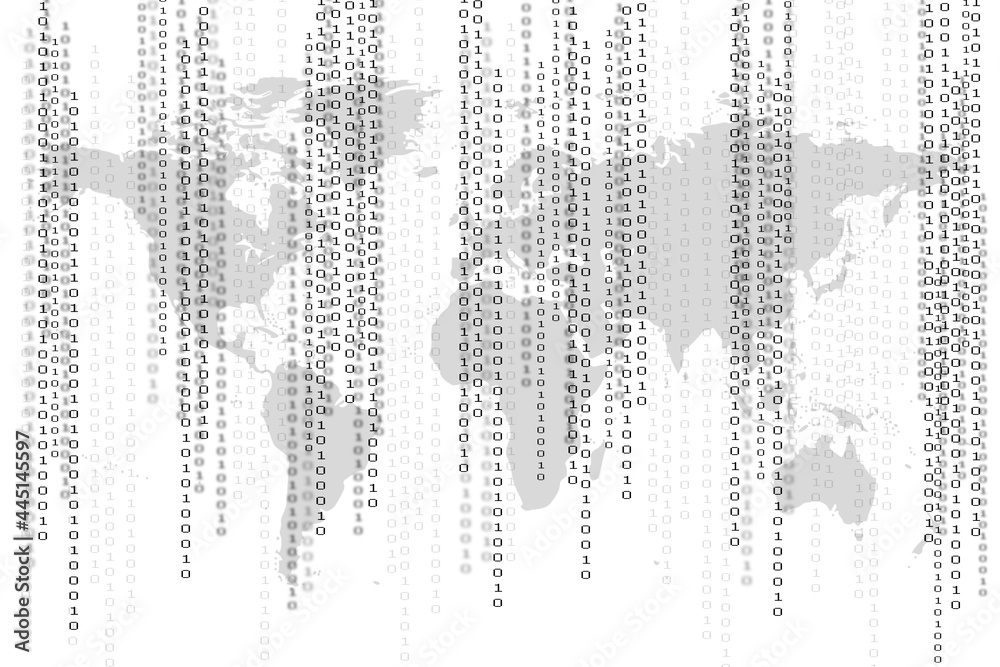 Binary code white background with world map Binary code white background with world map
