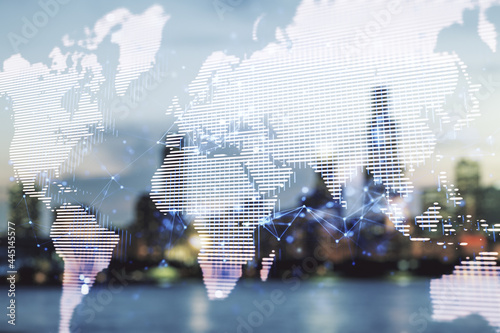 Multi exposure of abstract graphic world map on blurry skyscrapers background, big data and networking concept