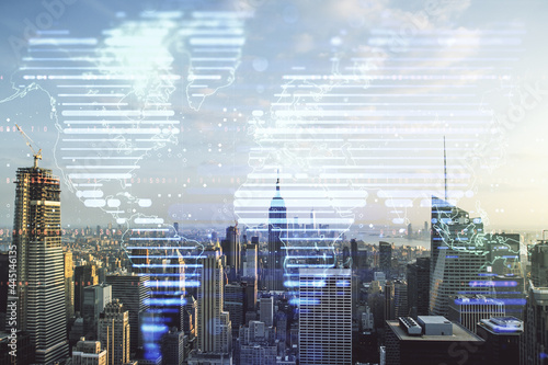 Abstract creative world map interface on New York city skyline background, international trading concept. Multiexposure
