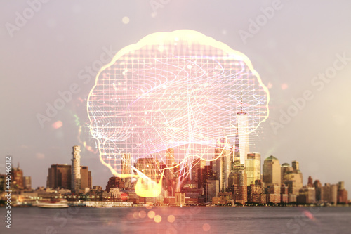 Virtual creative artificial Intelligence hologram with human brain sketch on New York city skyline background. Multiexposure