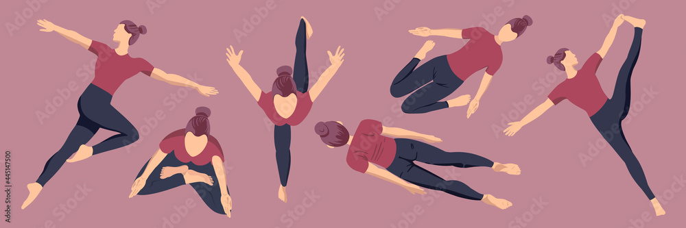 Big set of sports icons, yoga for women, flat minimalist style, top view. Vector illustration.