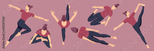 Big set of sports icons, yoga for women, flat minimalist style, top view. Vector illustration.