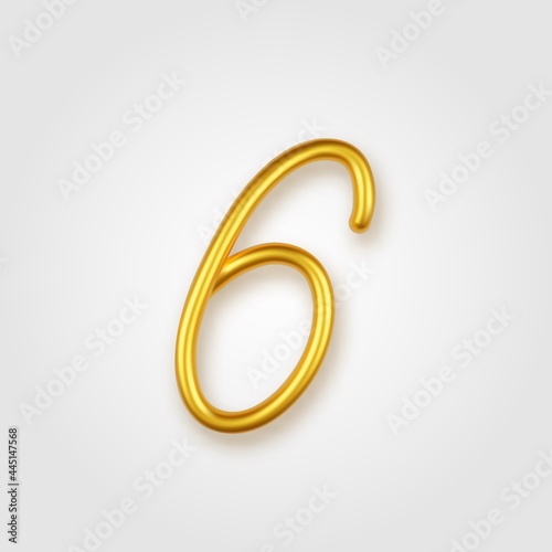 Gold 3d realistic number 6 sign on a light background.
