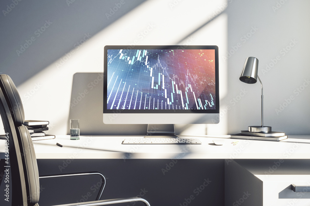 Naklejka premium Computer monitor with abstract financial graph, finance and trading concept. 3D Rendering