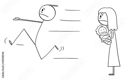 Father of New Born Baby is Running Away from Responsibility or Parenthood, Vector Cartoon Stick Figure Illustration