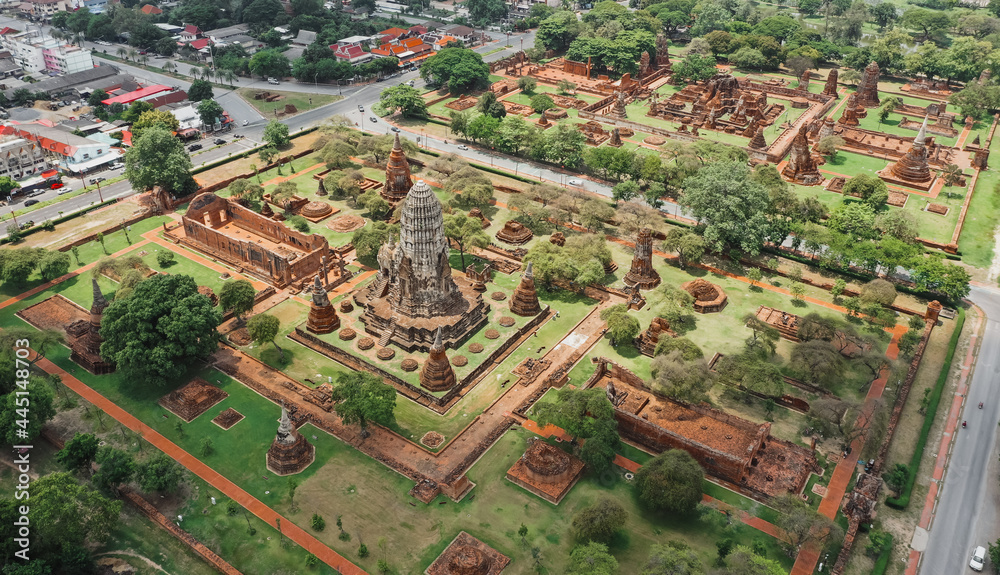 Aerial view of Ayutthaya temple, Wat Ratchaburana, empty during covid, in Phra Nakhon Si Ayutthaya, Historic City in Thailand