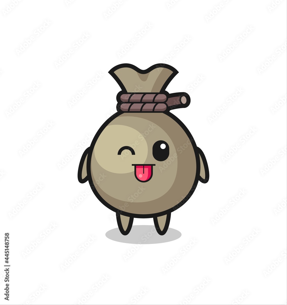 cute money sack character in sweet expression while sticking out her tongue